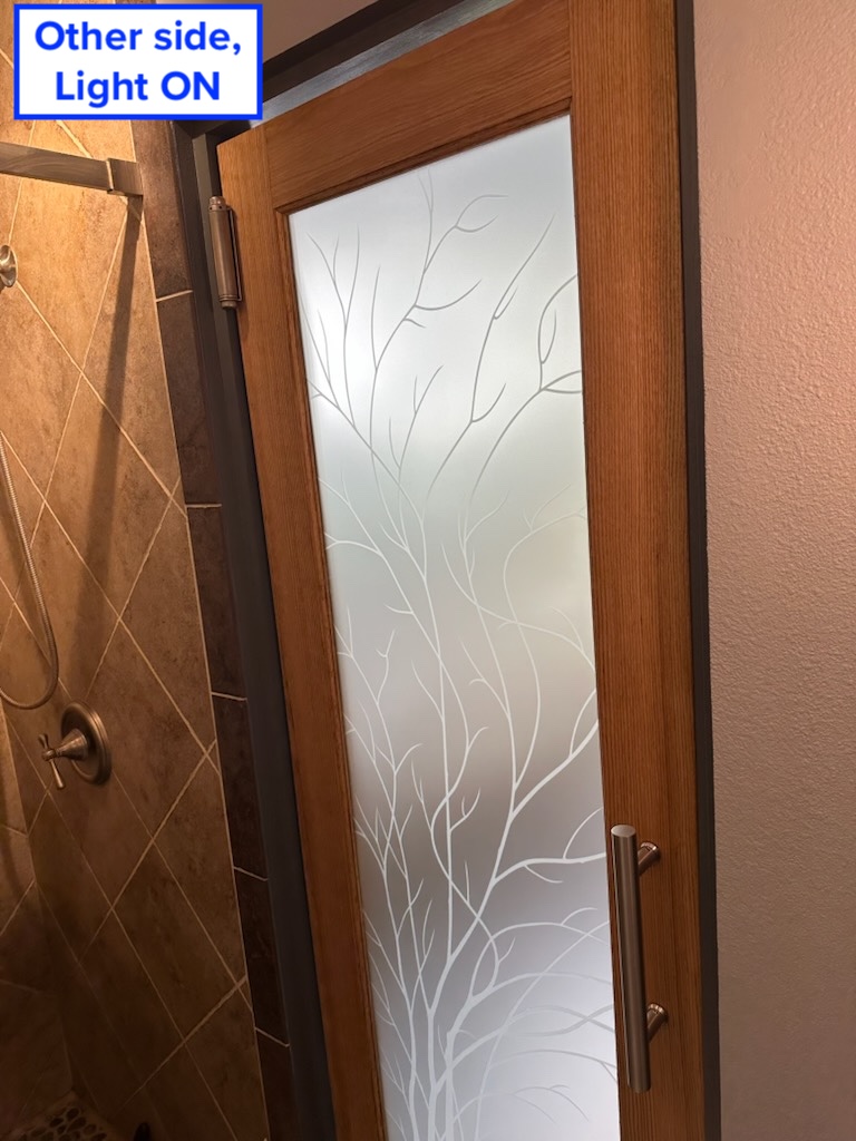 Shower side view of frosted glass door with wispy tree design, backlighting creates full privacy while glowing softly