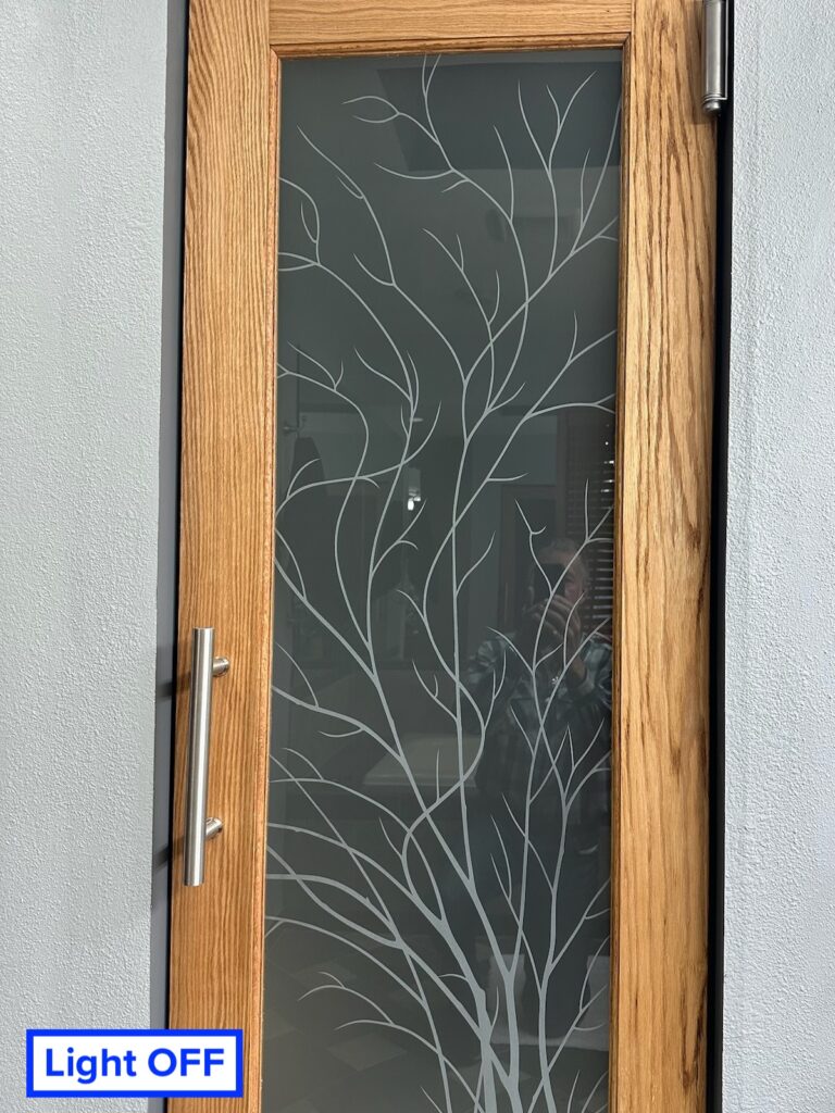 Frosted glass door with wispy tree design and lights off behind, showing darker appearance while maintaining full privacy and stunning design