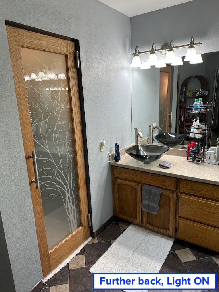 Bathroom door with decorative frosted glass wispy tree design, light on behind glass showing bright privacy effect with no visibility