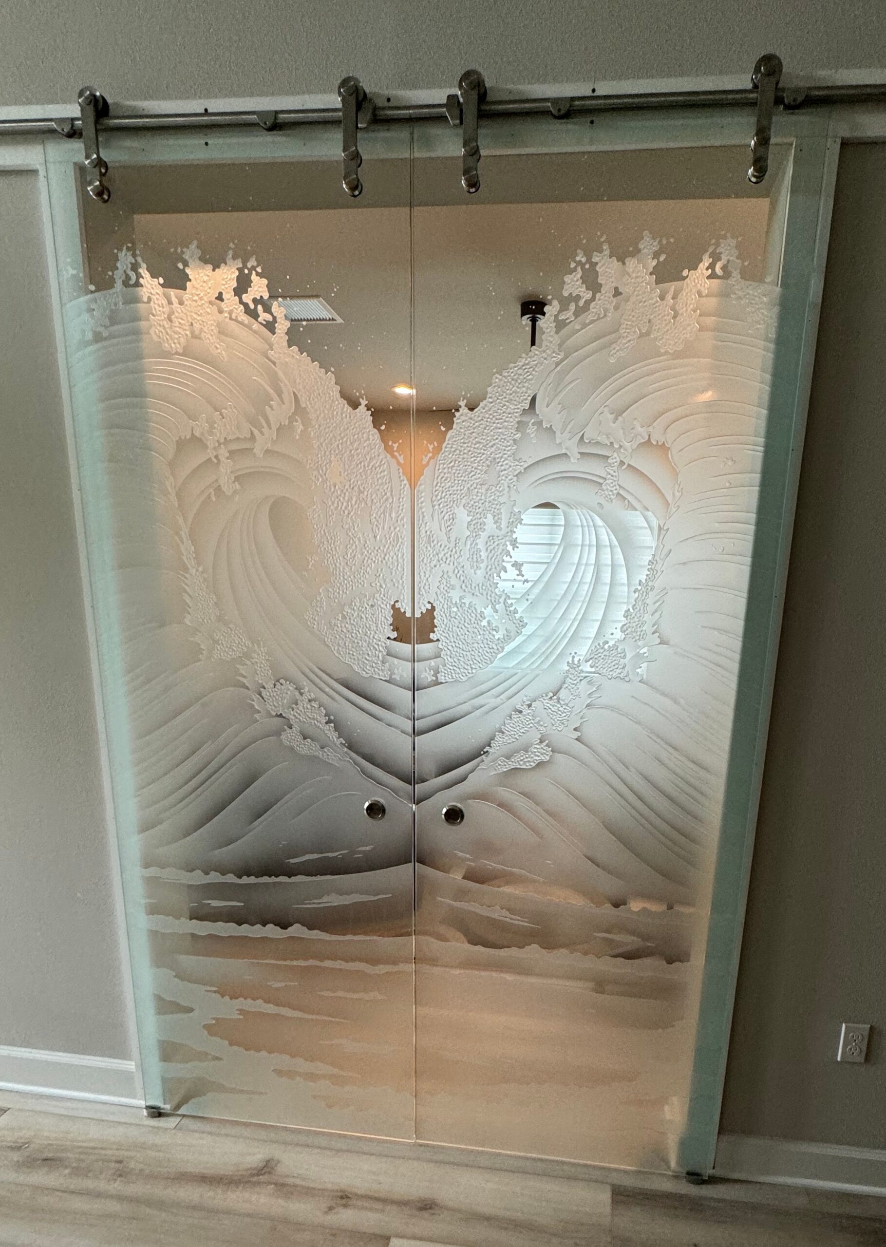 Interior double barn doors with glass design 