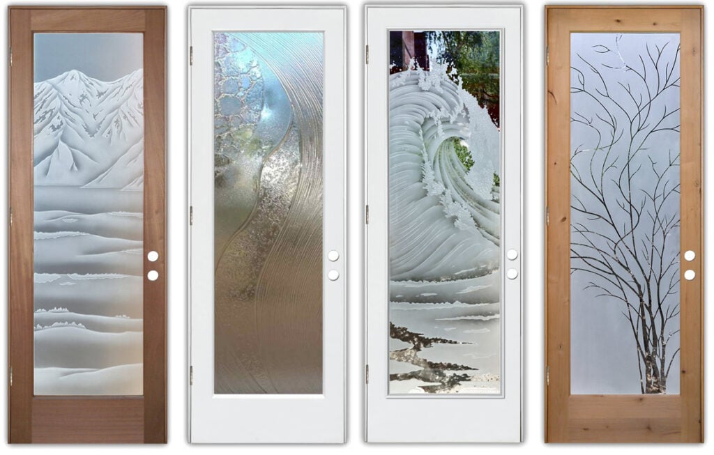 frosted glass front doors mountain scene wave tree abstract design