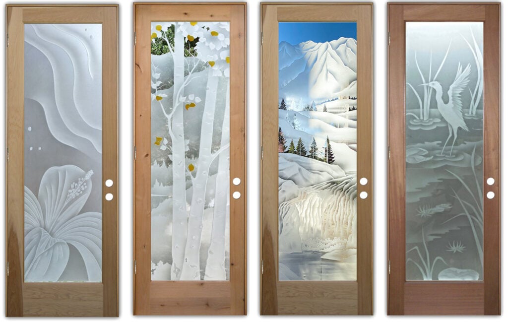 glass doors with frosted desgigns hibiscus birch tree pine trees waterfall crane bird
