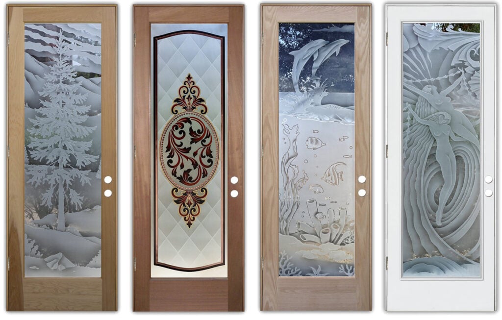 glass doors frosted glass design pine tree traditional style dolphins ocean scene art deco