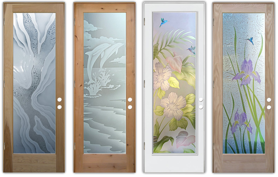 Nature inspired frosted glass doors with dolphins, hibiscus flowers, iris flowers and a wavy design