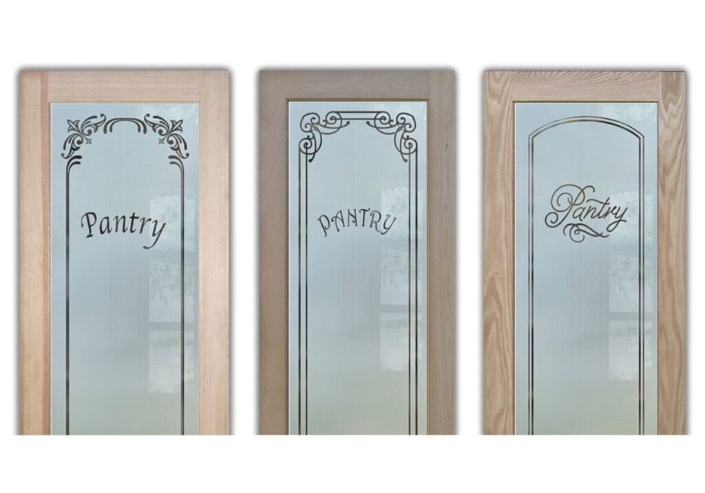 custom pantry labels-replacing-an-old-pantry-door-new-frosted-glass-pantry-doors-by-Sans-Soucie-Art-Glass-pantry-doors