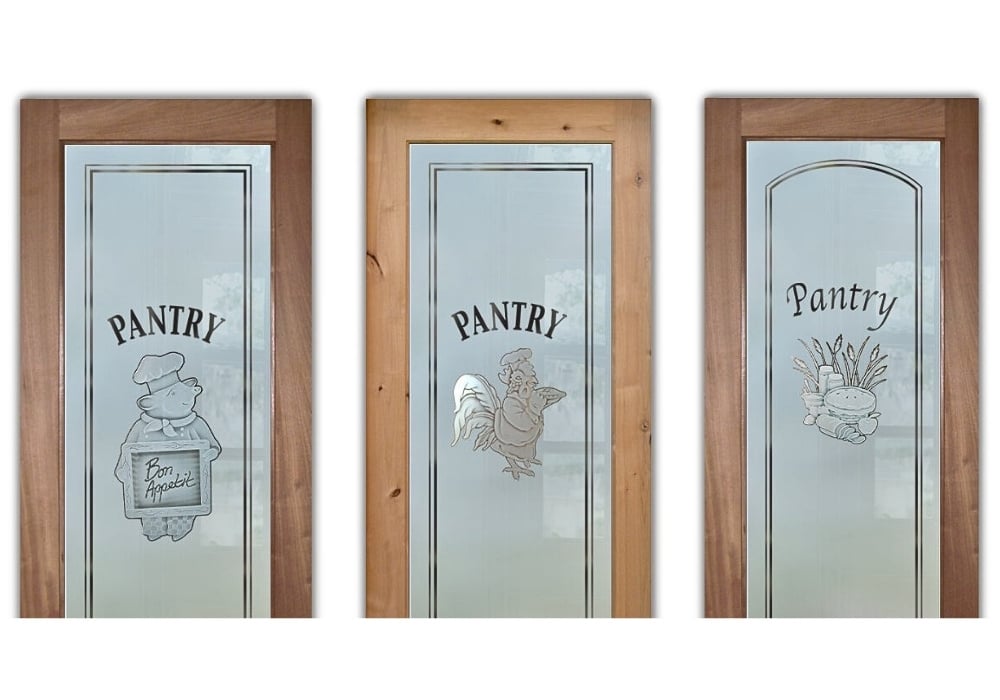 Frosted glass pantry door style guide featuring multiple rustic charm design options by Sans Soucie Art Glass