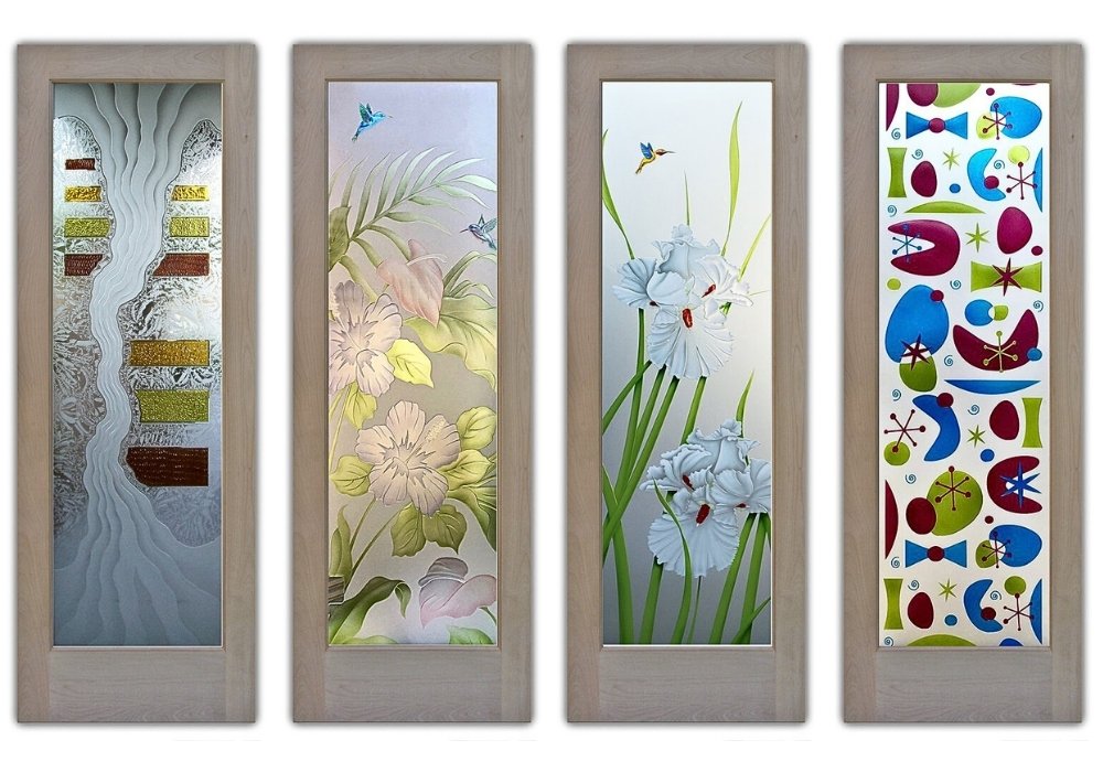 Frosted glass pantry door style guide collage of custom contemporary designs by Sans Soucie Art Glass