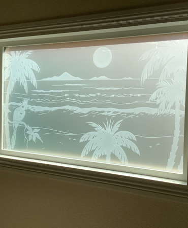 Window featuring Frosted Glass Design Etched Glass by Sans Soucie Art Glass with Custom Oceanic Design Cockatoo Palm Sunset