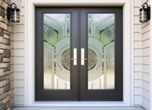 Handcrafted-Frosted-Glass-Front-Door-by-Sans-Soucie-Art-Glass-Setting-Sun-Odyssey-3D-Carved-Shaded-Gluechip-Frosted Glass Doors