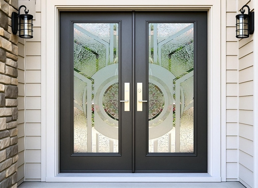 Handcrafted-Frosted-Glass-Front-Door-by-Sans-Soucie-Art-Glass-Setting-Sun-Odyssey-3D-Carved-Shaded-Gluechip-Frosted Glass Doors