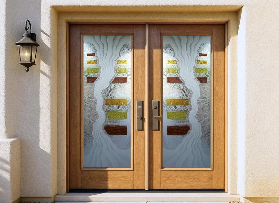 Custom frosted glass double front doors with oak wood frames, featuring a semi-private 3D carved, shaded, and painted design on Gluechip glass.
