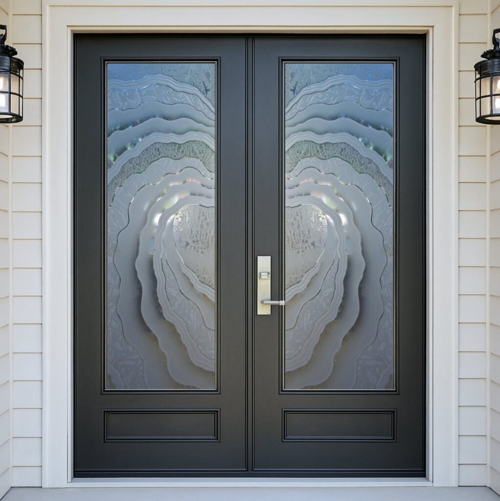 Handcrafted-Frosted-Glass-Front-Door-by-Sans-Soucie-Art-Glass-Metacurl-Semi-Private-3D-Carved-Shaded-Gluechip-SETTING-2