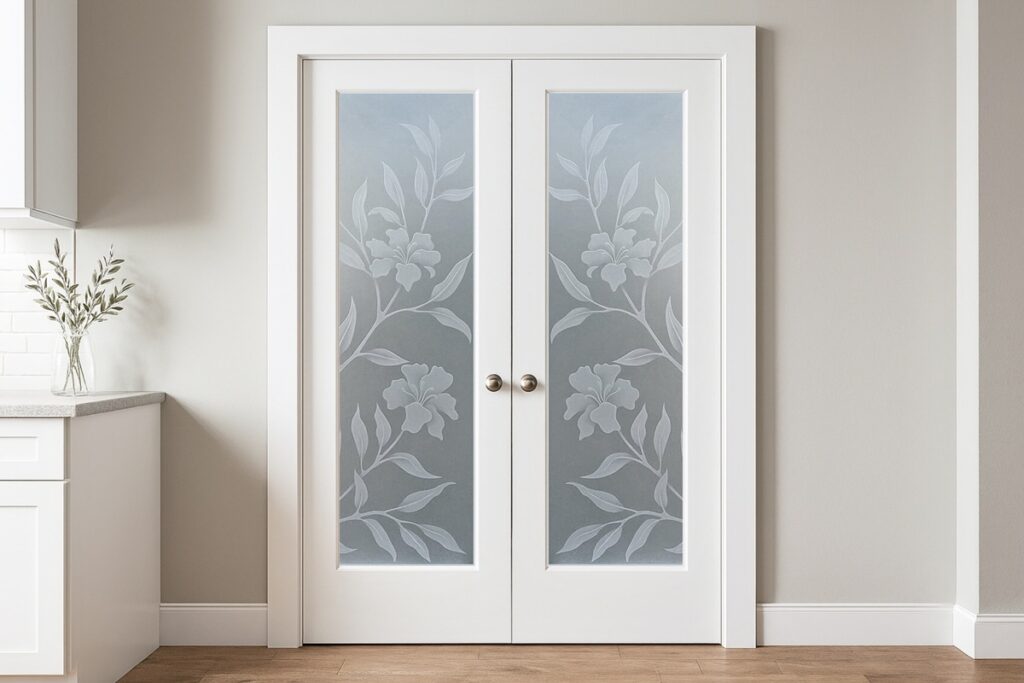 Stylish kitchen featuring double pantry doors with frosted glass