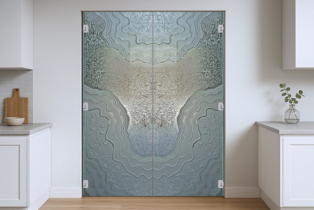 Frameless-Double-Pantry-Doors-with-Frosted-Glass-by-Sans-Soucie-Art-Glass-SETTING