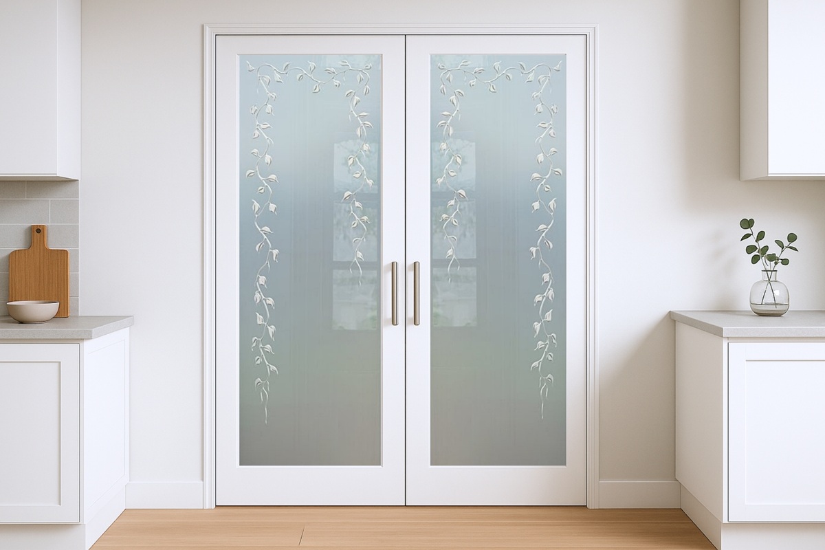 Double pantry doors with frosted glass in a transitional home