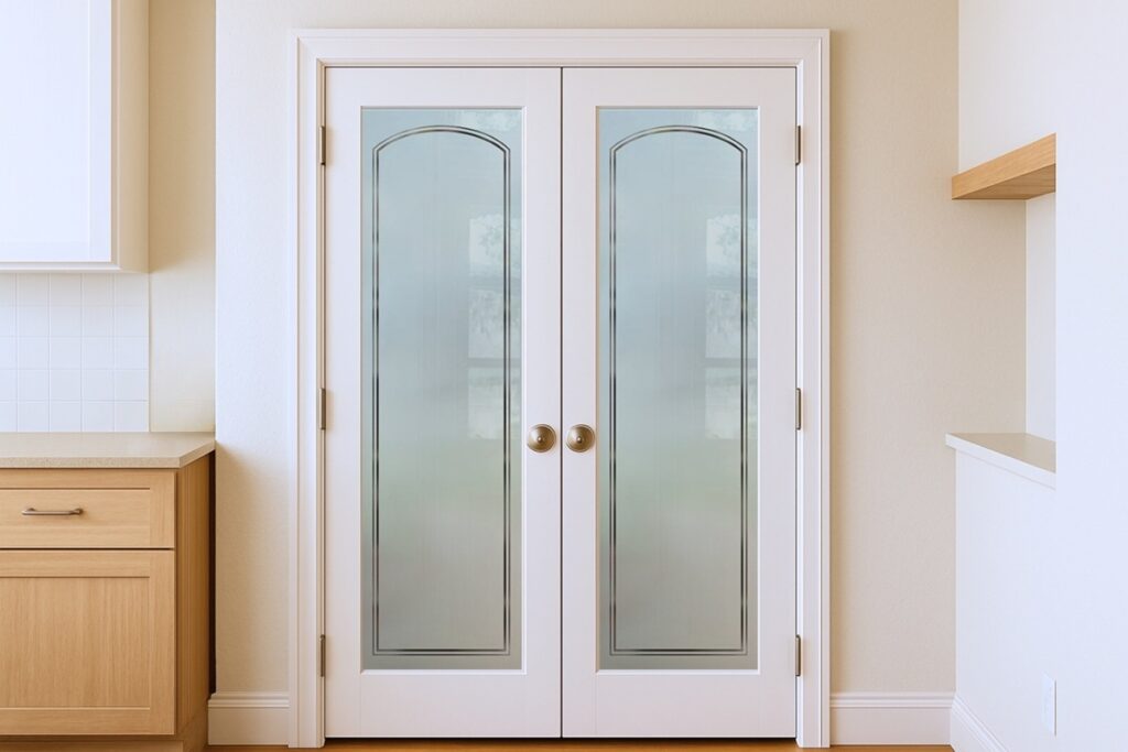 Semi-Private-Arched-Border-Double-Pantry-Doors-with-Frosted-Glass-by-Sans-Soucie-Art-Glass-SETTING