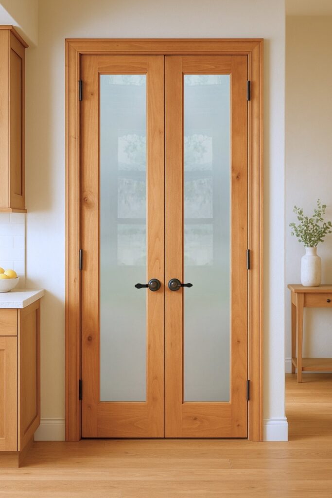 Blurred pantry shelves behind double pantry doors with frosted glass