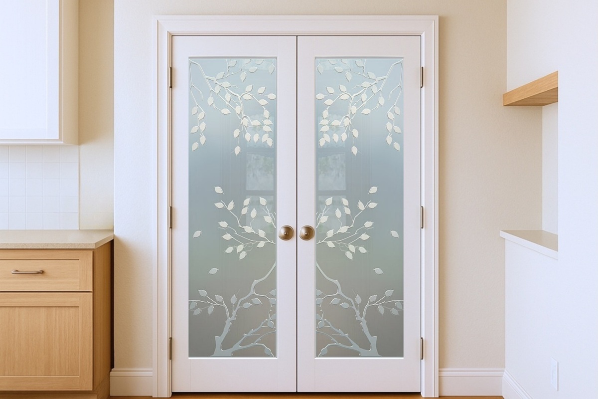 Elegant double pantry doors with frosted glass panels cherry tree design