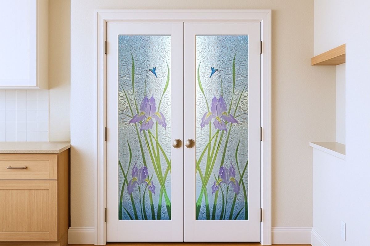 Elegant frosted glass double pantry doors with iris hummingbird design