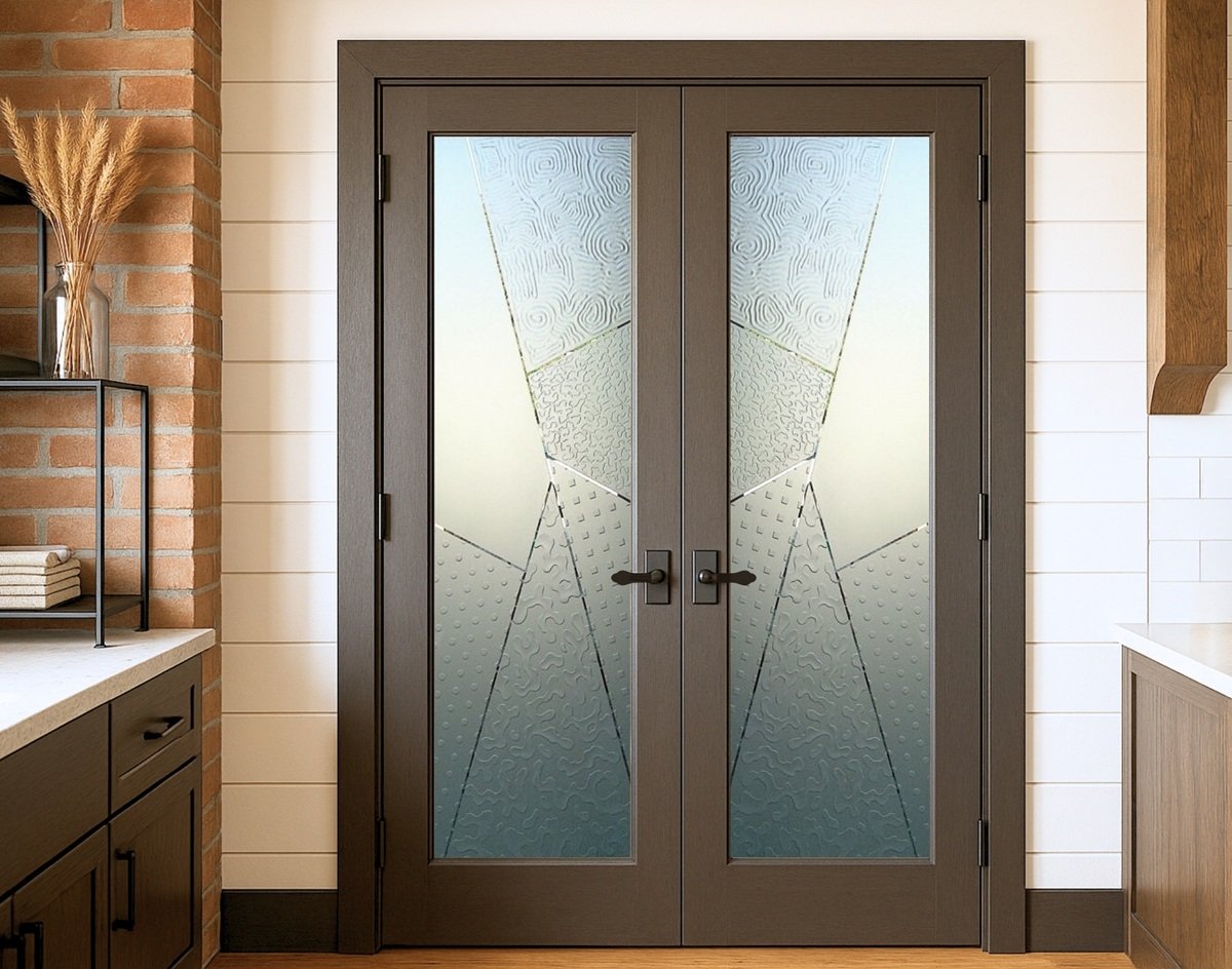Double pantry doors with frosted glass featuring a modern geometric design in a warm, industrial kitchen.