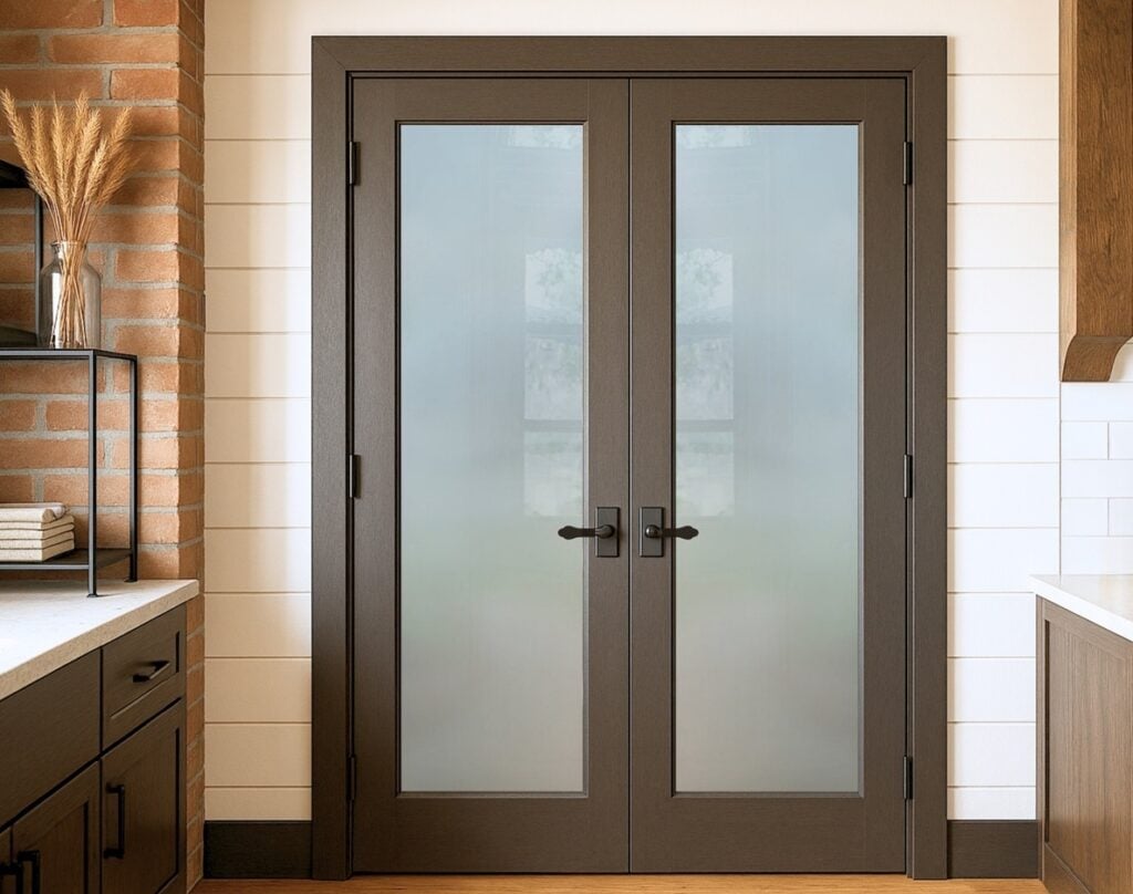 Frosted Glass Pantry Doors with Black or Dark Wood Frames-modern farmhouse and industrial-inspired kitchen SETTING