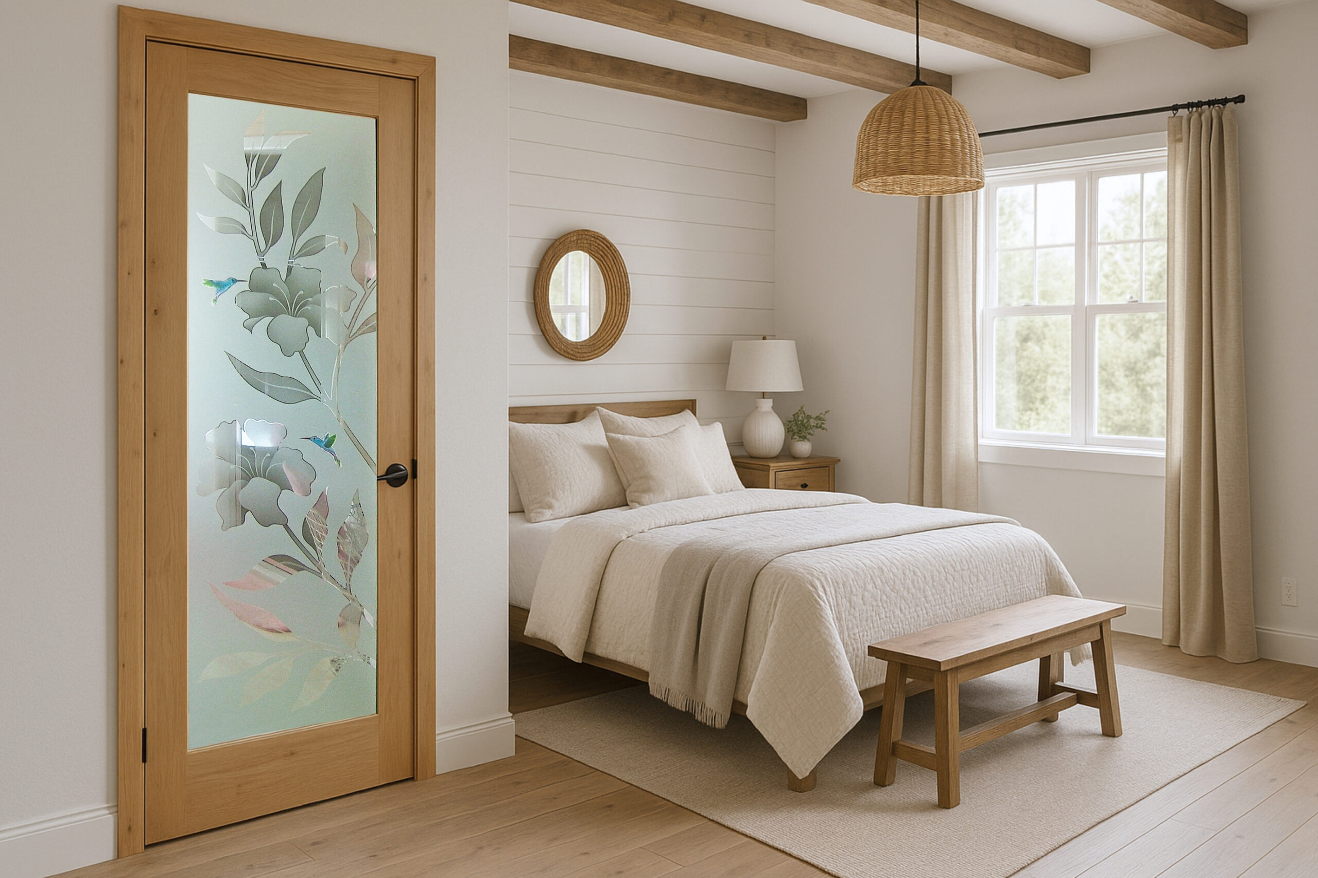 Decorative interior door with glass installed in a farmhouse style bedroom