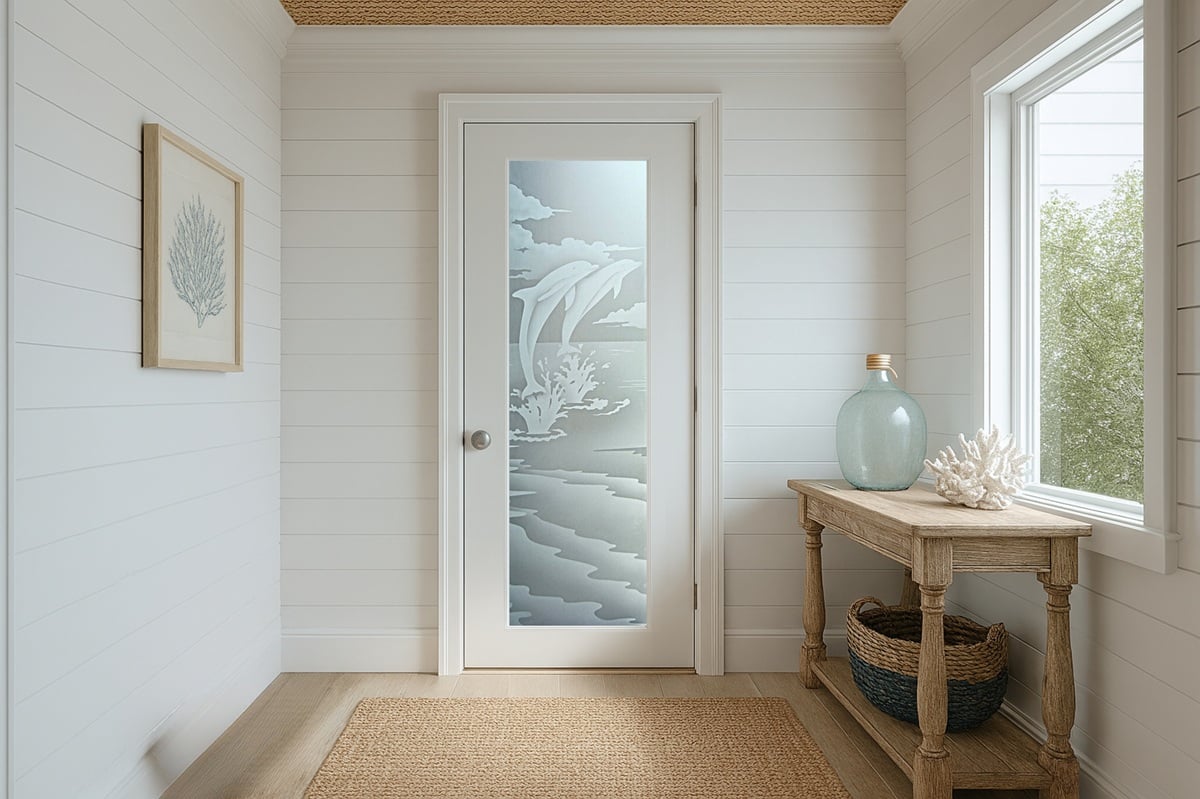 A room with coastal and nautical interior design, enhanced by decorative interior doors with glass.