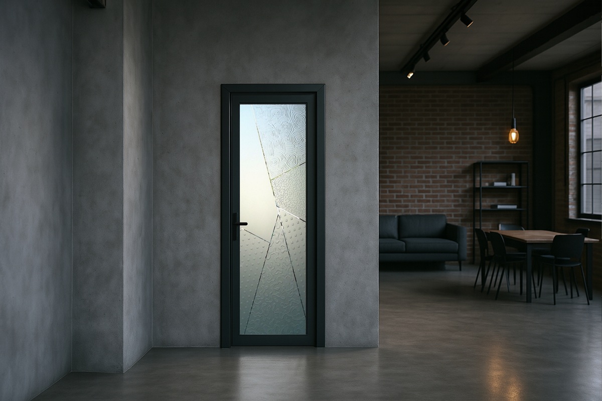 frosted glass interior door (living room) with a modern industrial interior design