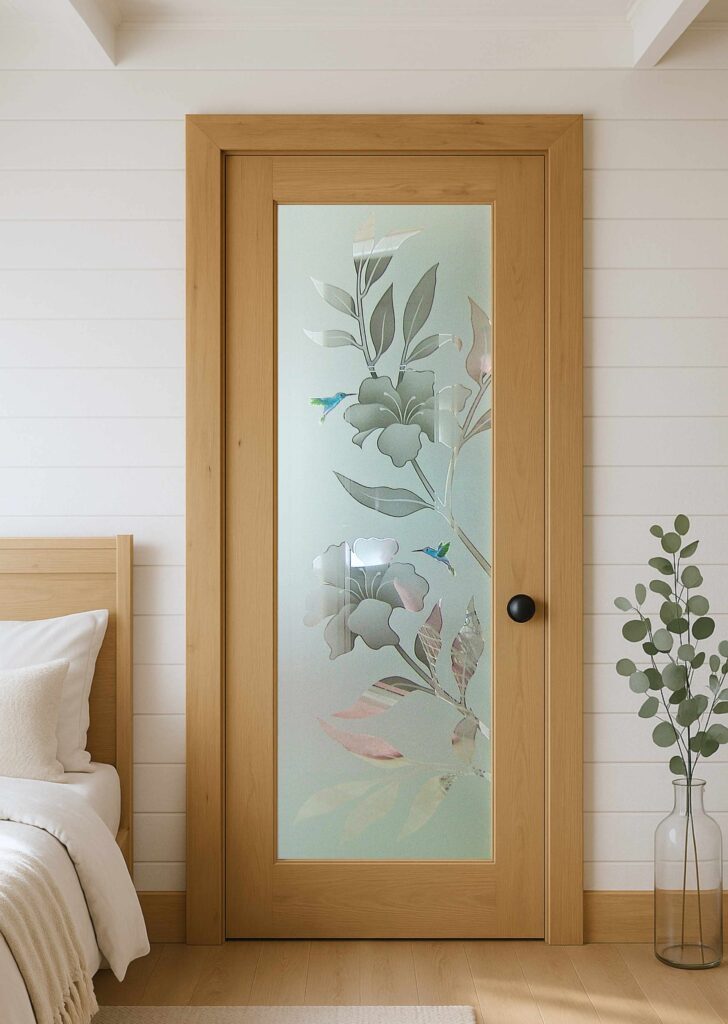 Interior door with etched Hibiscus Hummingbirds glass design