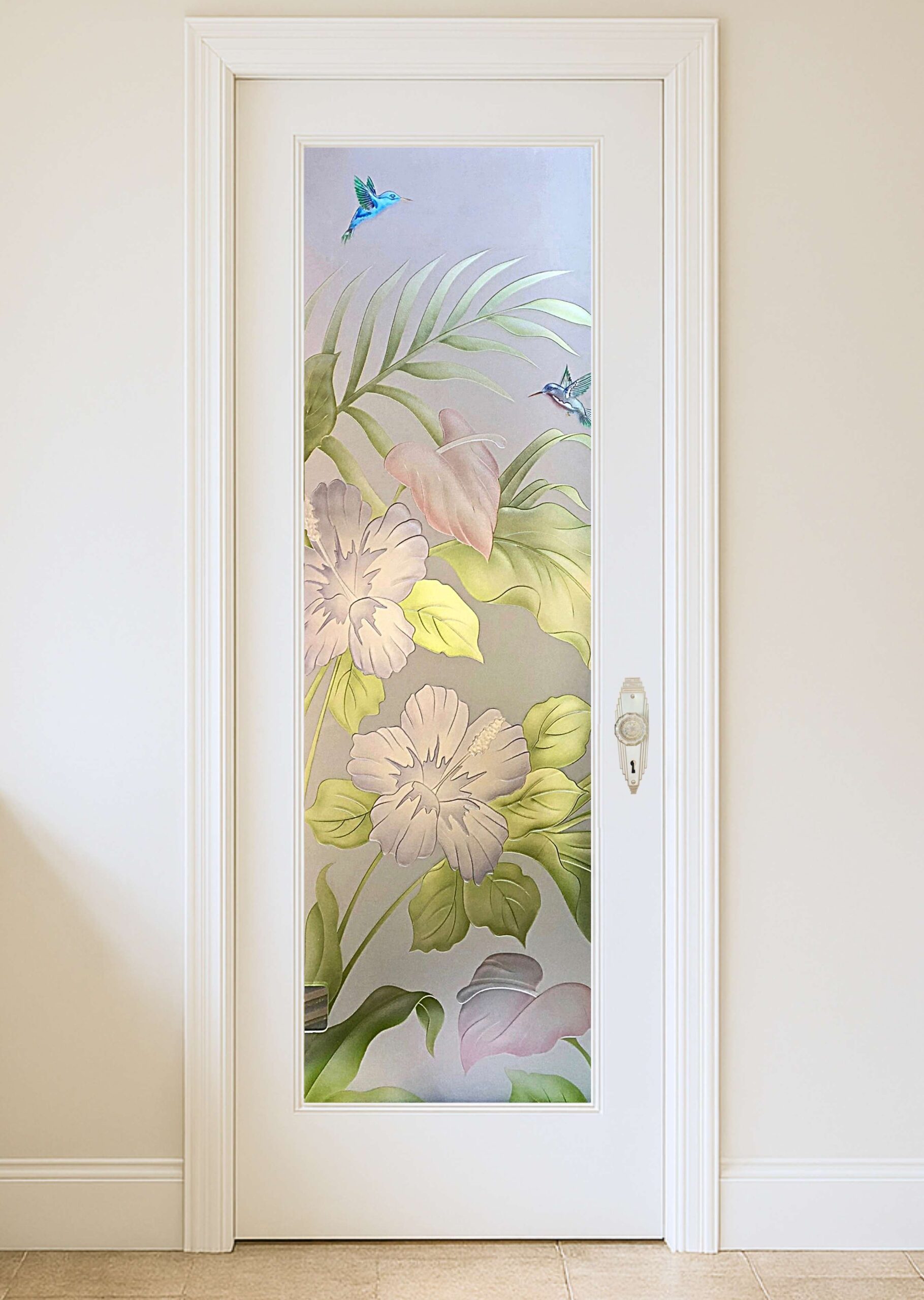 Custom-designed artistic pantry door by Sans Soucie with frosted glass and carved detail.