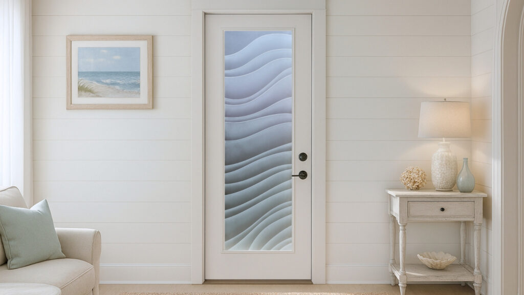 Dreamy Waves frosted glass interior door by Sans Soucie with custom sandblasted wave design