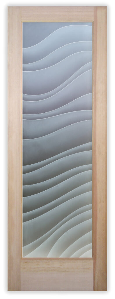 Front door with carved frosted glass featuring flowing wave patterns, offering privacy while allowing soft natural light to enter