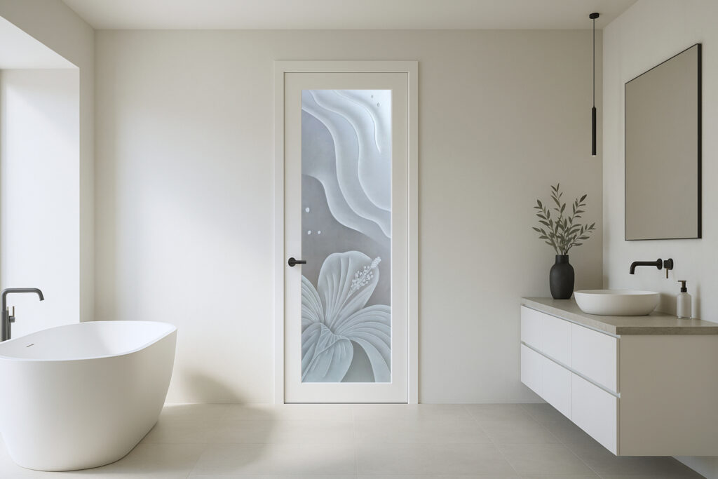 Frosted glass door panel adorned with an etched flower pattern Hibiscus Ripples