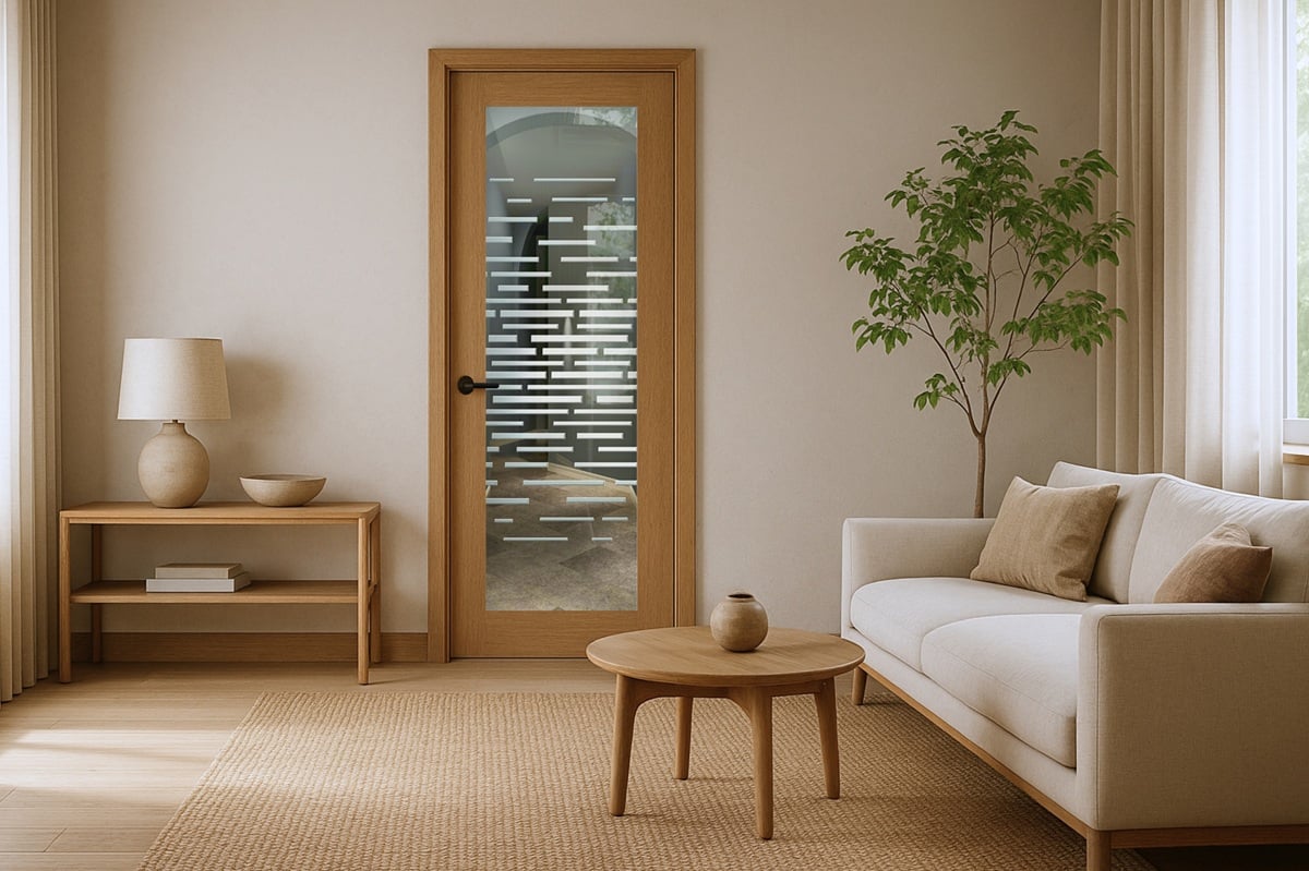 Japandi style living room featuring decorative interior door with glass