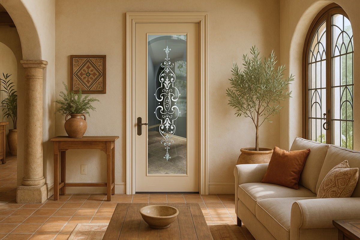 Bordeaux-Semi-Private-3D-Flat-Carved-Mediterranean-Design-Frosted-Glass-Interior-Door-Setting-Sans-Soucie-Art-Glass