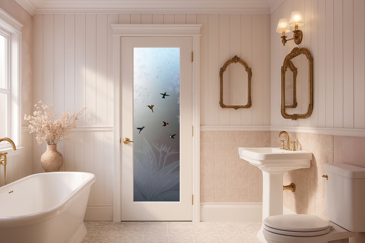 Hummingbird-Lovers-Private-3D-Carved-Shaded-Painted-Frosted-Glass-Interior-Door-Bathroom-Setting-Sans-Soucie-Art-Glass