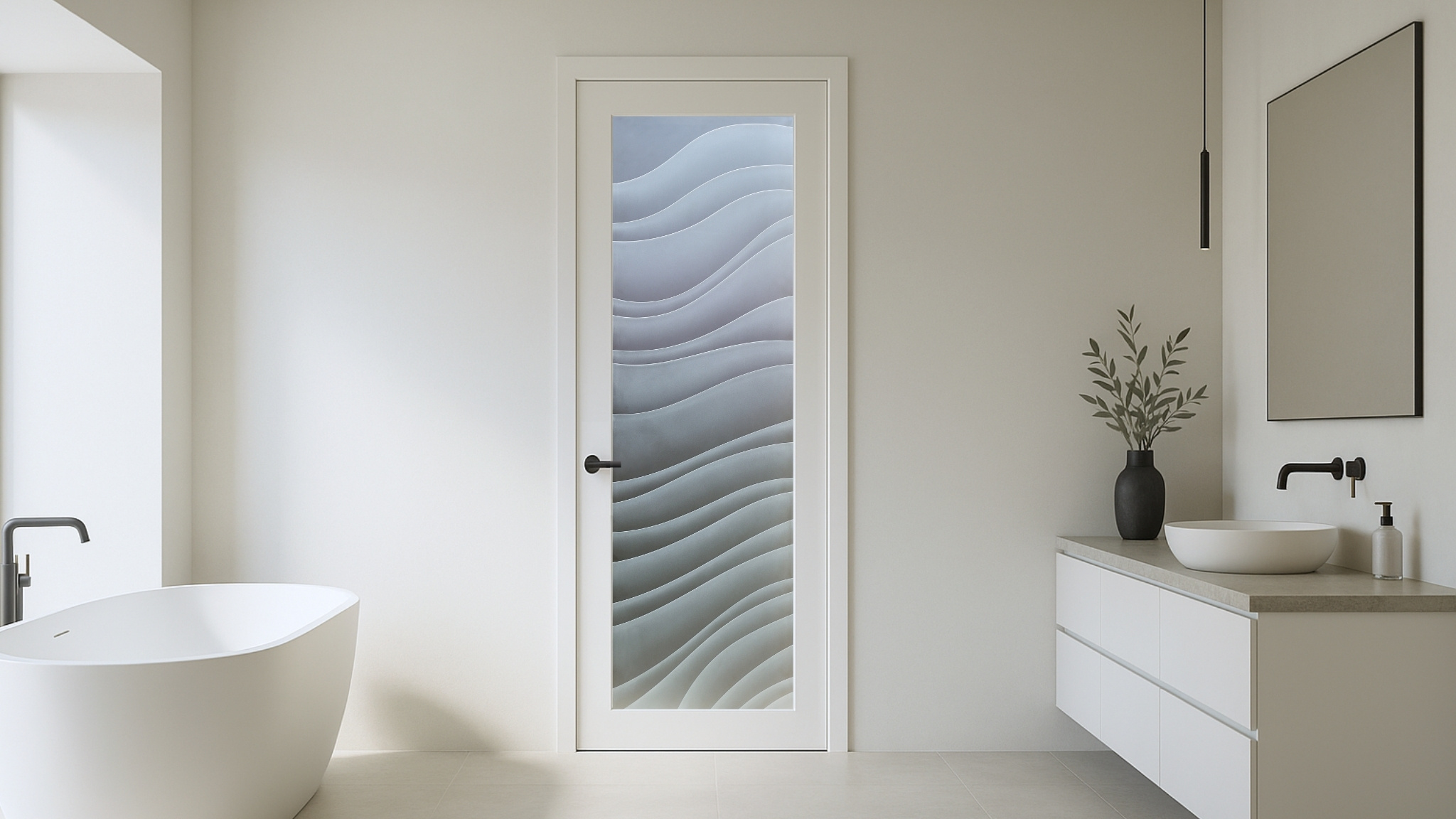 Privacy glass door with organic movement design.