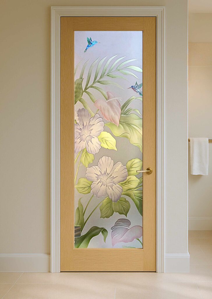 painted glass door hibiscus anthurium design by sans soucie art glass