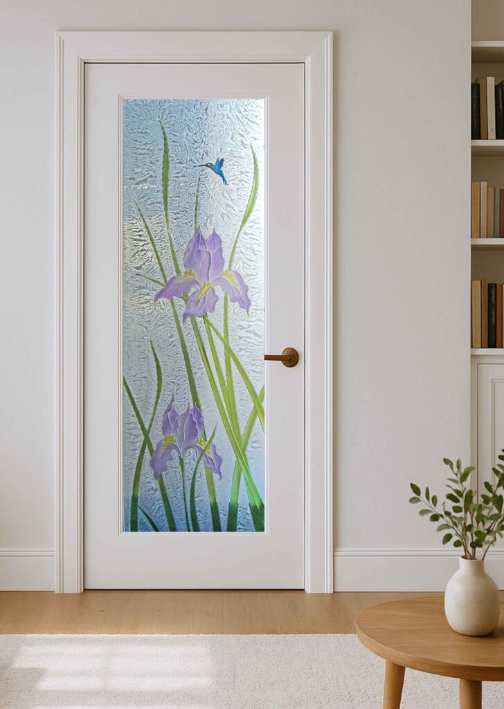 Iris Hummingbird colored front door with etched glass and hand-painted hummingbird and floral details on gluechip background.