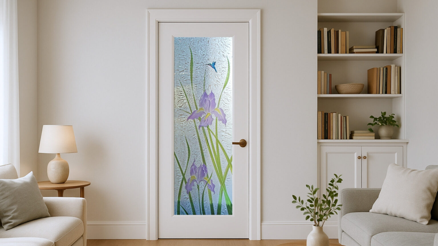 Frosted glass pantry door with stunning custom designs
