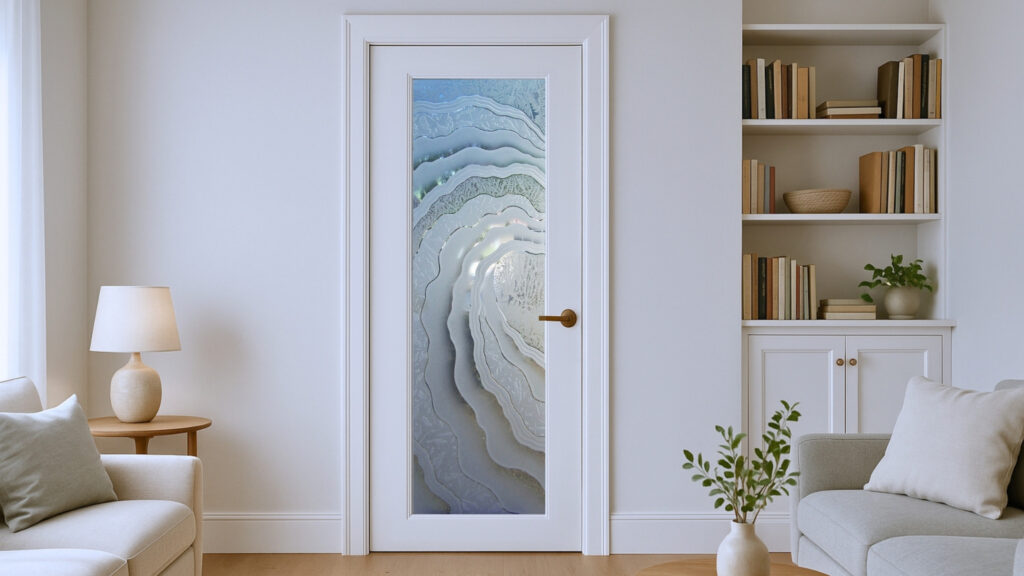 Metacurl frosted glass door design by Sans Soucie featuring curved etched lines in a modern, abstract style
