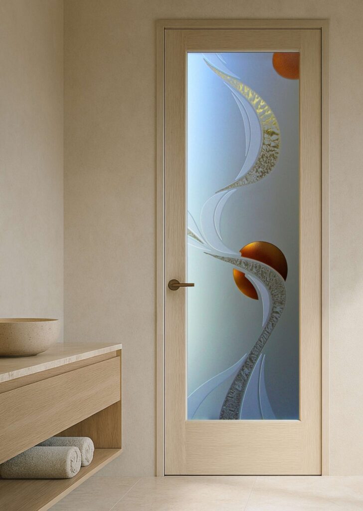 Modern interior view with a safe glass door for bathrooms in a wood frame.