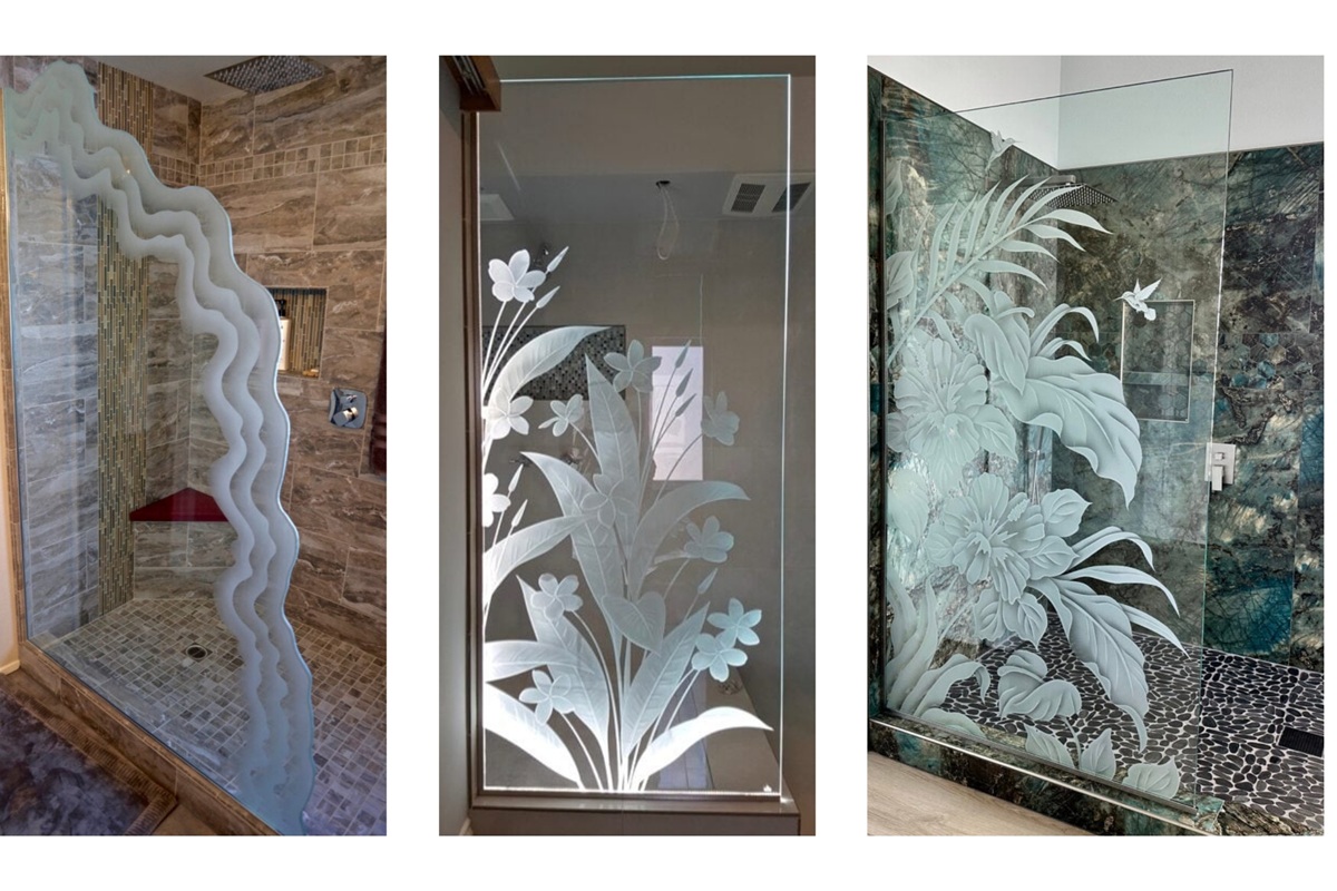 Frosted glass shower panels featuring tropical, botanical, and abstract carved designs – by Sans Soucie Art Glass