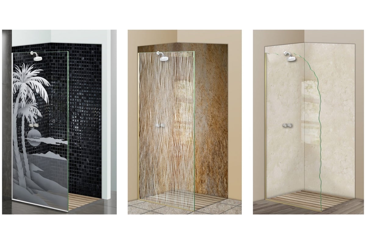 Collage of frosted glass shower panels featuring tropical, abstract, and minimalist designs – by Sans Soucie Art Glass