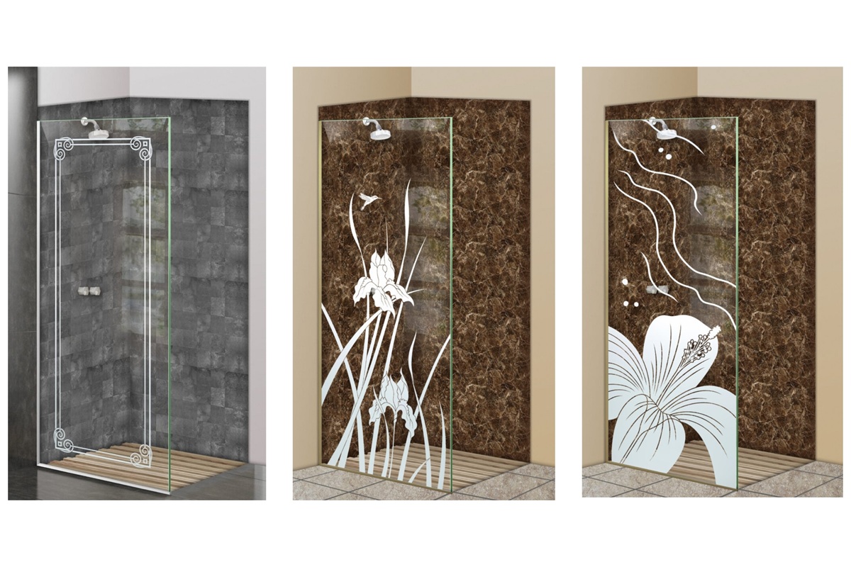 Collage of frosted glass shower panels featuring botanical and traditional etched designs – handcrafted by Sans Soucie Art Glass