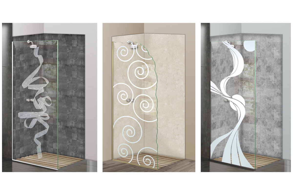 Collage of frosted glass shower panels featuring abstract and swirl etched designs on clear glass