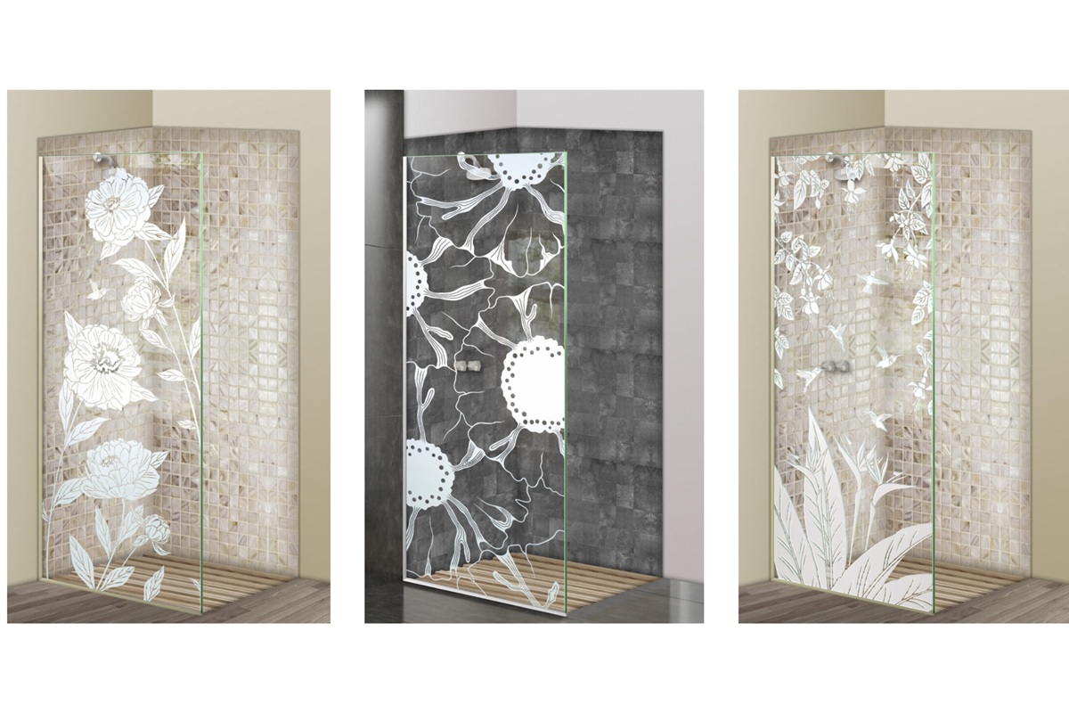 Botanical frosted glass shower panels with floral and nature-inspired designs by Sans Soucie Art Glass