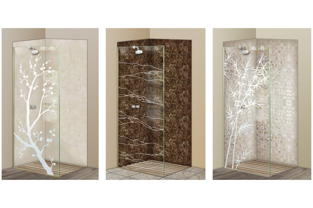 Frosted glass shower panels with minimalist botanical designs inspired by Japandi style – Sans Soucie Art Glass