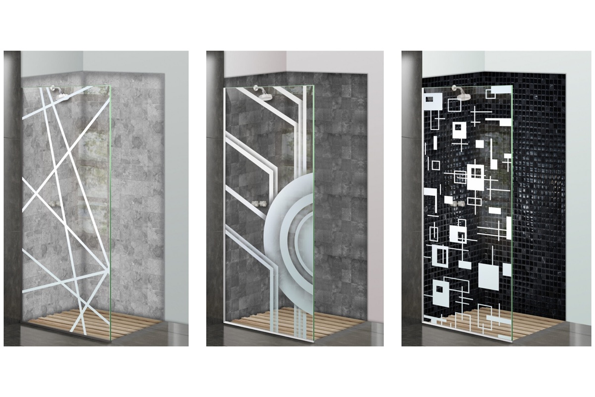 industrial-style Frosted shower glass panels with bold geometric and linear designs by Sans Soucie Art Glass