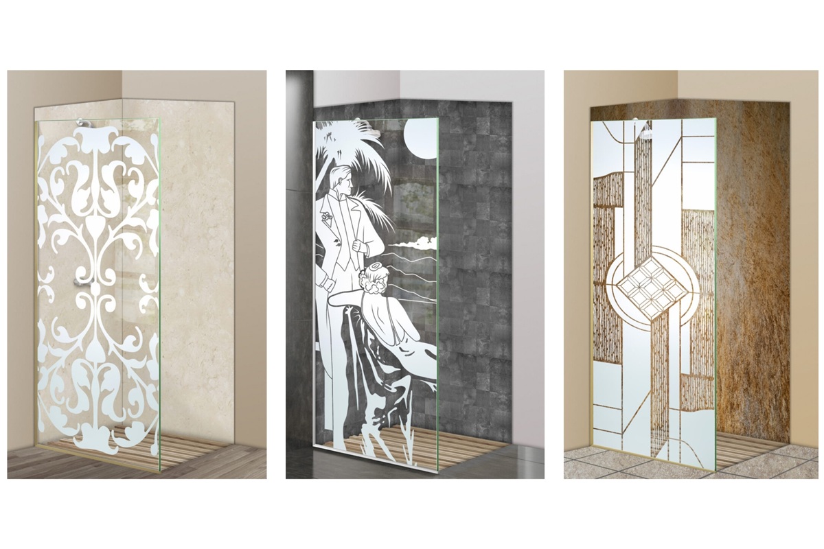 Frosted glass shower panels with bold, vintage-inspired Art Deco designs – geometric and figurative styles by Sans Soucie Art Glass